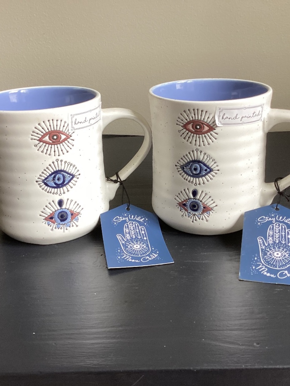 NWT Set of 2 ‘Good Vibes’ 3rd Evil Eye Ceramic Blue n White 16oz Coffee Mugs